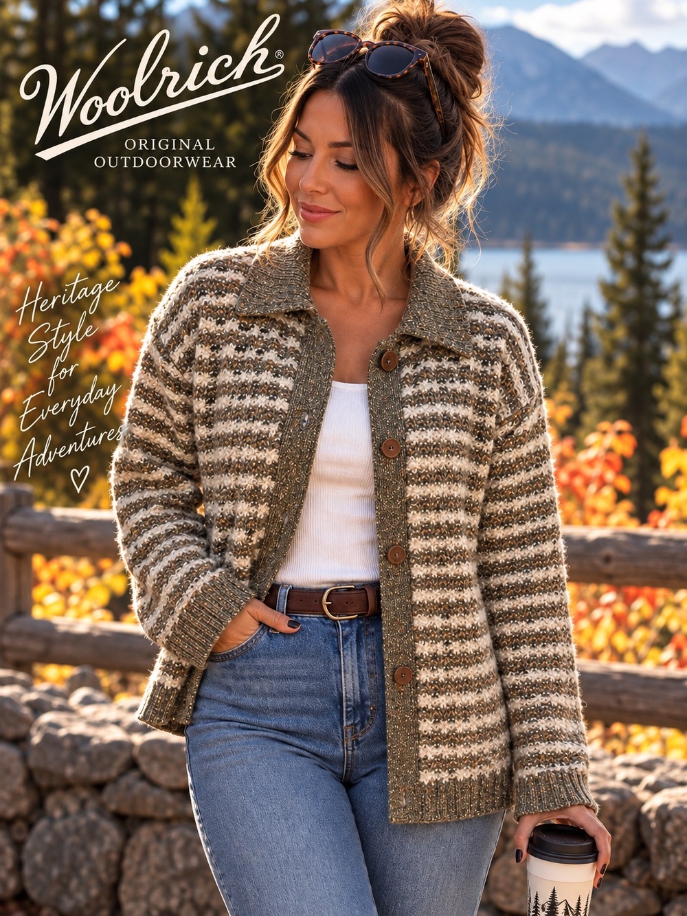 Woolrich Wool Silk Boucle Striped Cardigan Sweater Womens M Olive Vintage